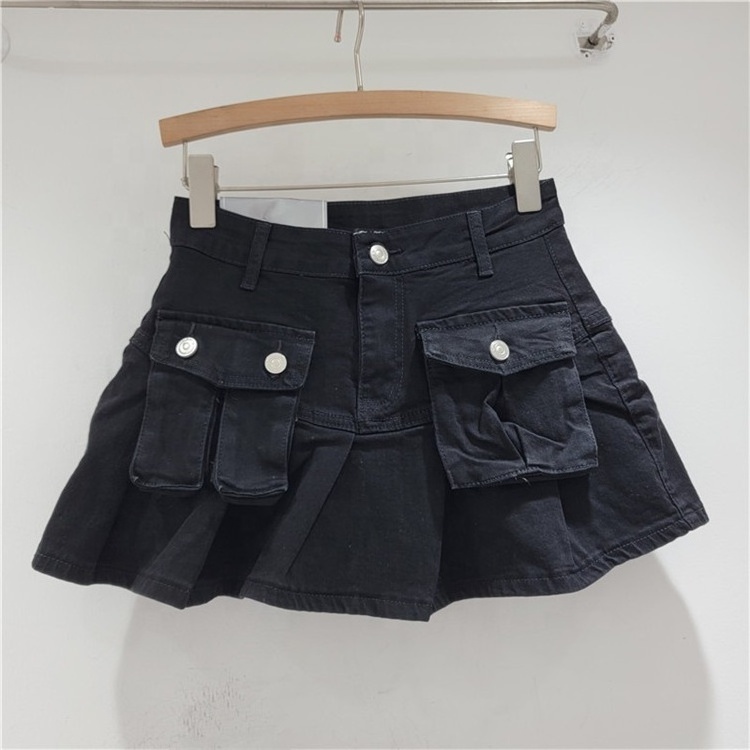 Women's Denim Skirts Patchwork Asymmetric Pockets Pleated A-line Short Cargo Mini Skirt