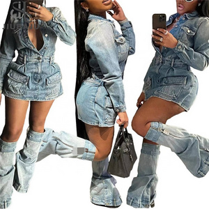 Fall Winter Y2K Streetwear Sexy Jeans Club Wear Vintage Denim Dress Set Lapel Neck Shirts Cargo Dress with Leg Covers 2023