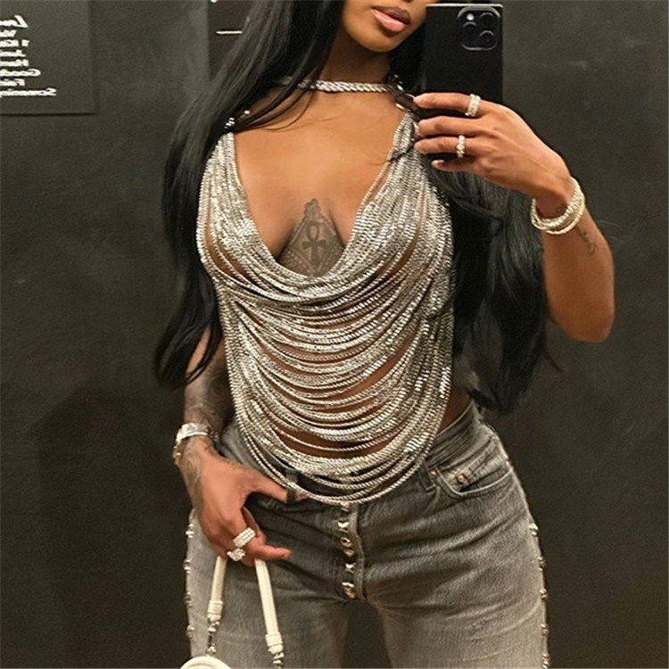 Y2K Halter Chain Decoration Crop Tops Women New Summer Fashion Sexy Backless Cleavage Tanks Female Party Midnight Camis