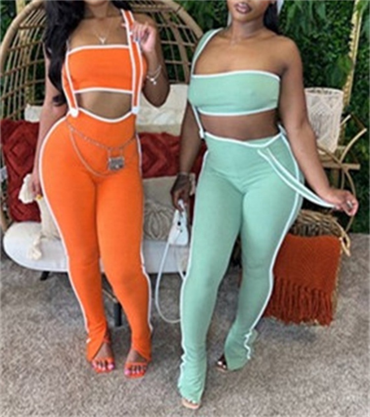 Ribbed 2 Piece Set Women's Long Jumpsuit and Strapless Crop Tops Matching Set