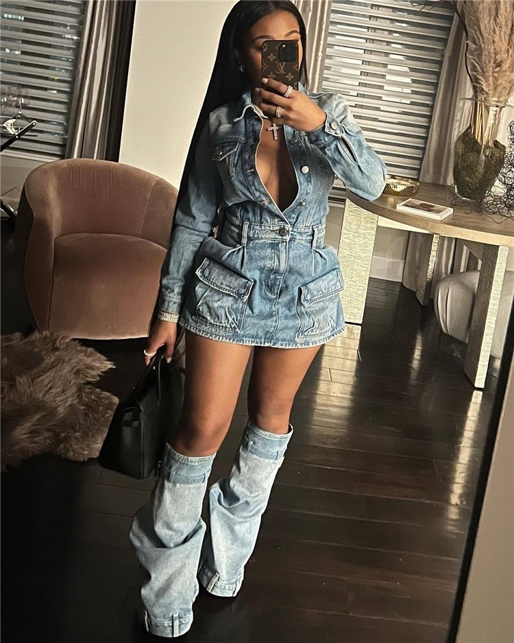 Fall Winter Y2K Streetwear Sexy Jeans Club Wear Vintage Denim Dress Set Lapel Neck Shirts Cargo Dress with Leg Covers 2023