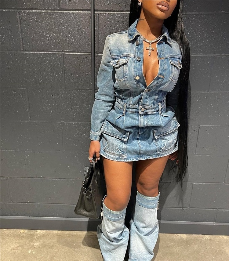 Fall Winter Y2K Streetwear Sexy Jeans Club Wear Vintage Denim Dress Set Lapel Neck Shirts Cargo Dress with Leg Covers 2023