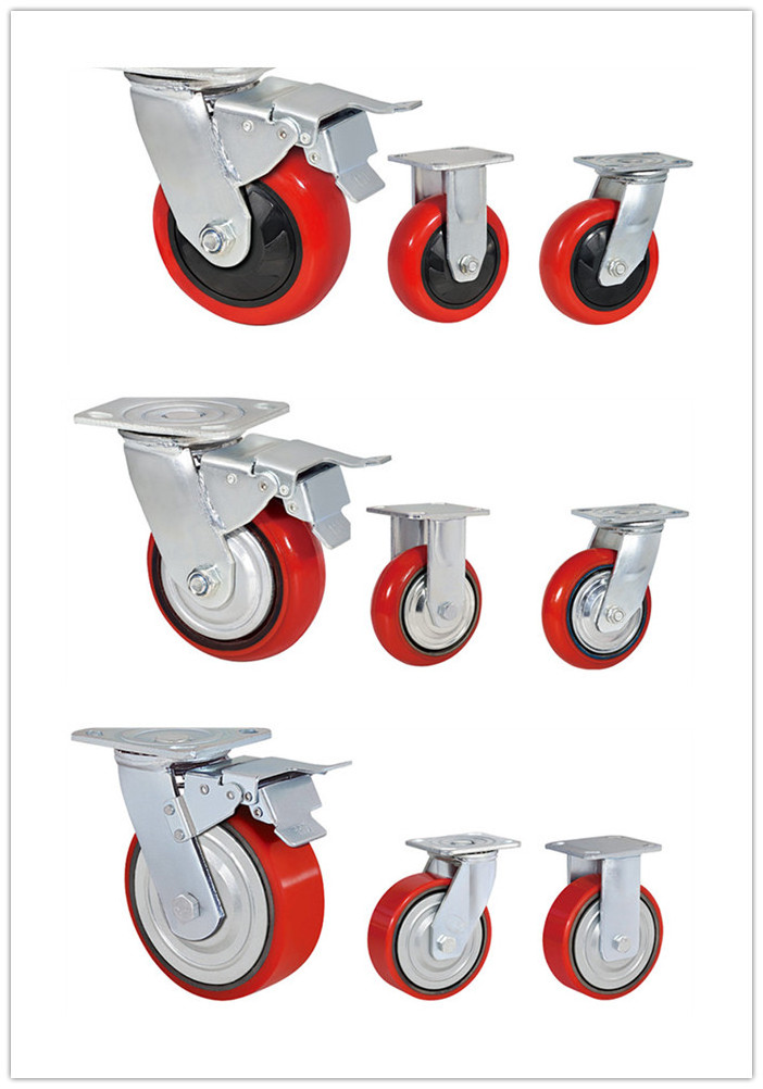 Double ball bearing PU/PVC caster wheel,Industrial Red heavy duty swivel castors with brake