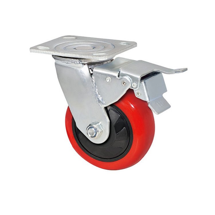 Double ball bearing PU/PVC caster wheel,Industrial Red heavy duty swivel castors with brake