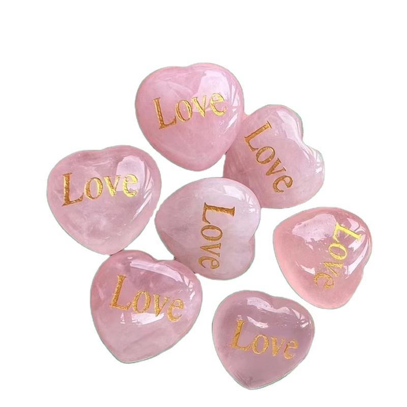 Inspirational Stones With Words Crystal Natural 30mm Rose Quartz Stone Heart Love Carved Peace Happiness Kindness Lucky