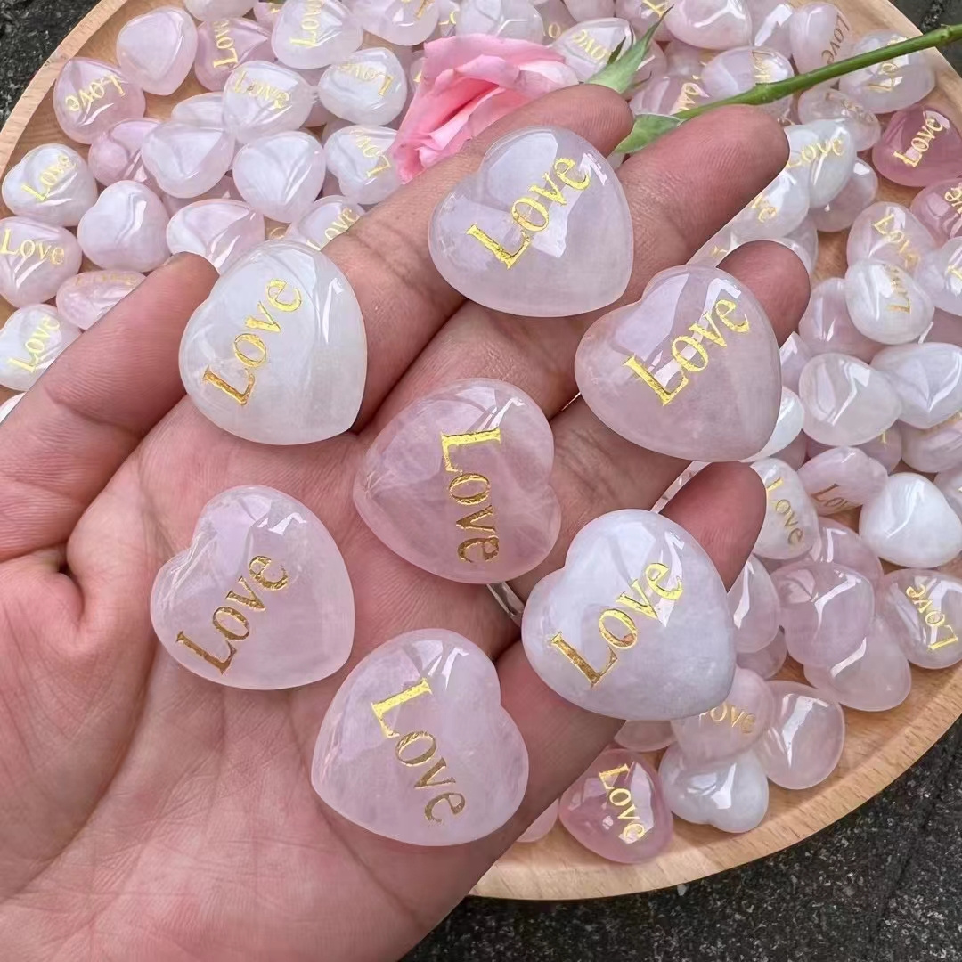 Inspirational Stones With Words Crystal Natural 30mm Rose Quartz Stone Heart Love Carved Peace Happiness Kindness Lucky