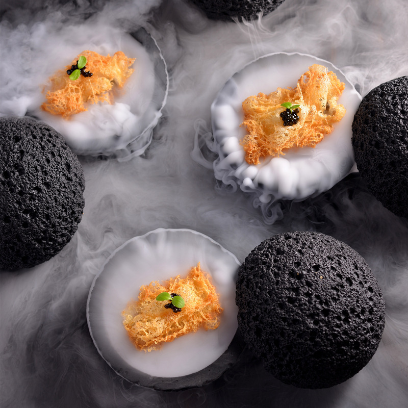 2023 Vaisselle Piatti Pratos restaurante restaurant hotel horeca volcanic rock ball stone soup tray dry ice dishes Ball bowl set