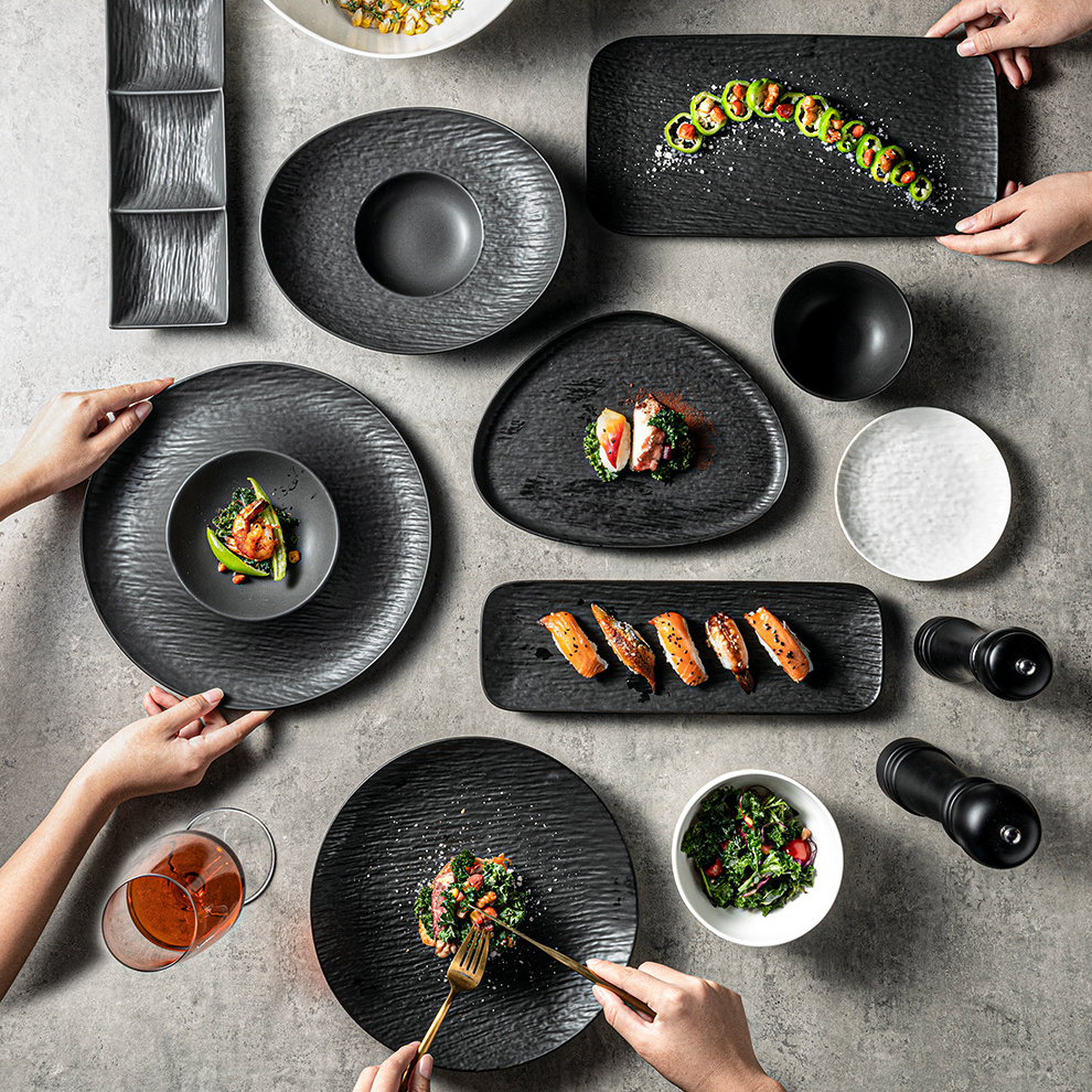 Events HoReCa Restaurant Crockery Black Rock Flat Porcelain Banquet Hall Plates Soup Deep Bowls Sushi Dish Ceramic Dinner Sets