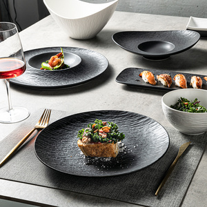 Events HoReCa Restaurant Crockery Black Rock Flat Porcelain Banquet Hall Plates Soup Deep Bowls Sushi Dish Ceramic Dinner Sets