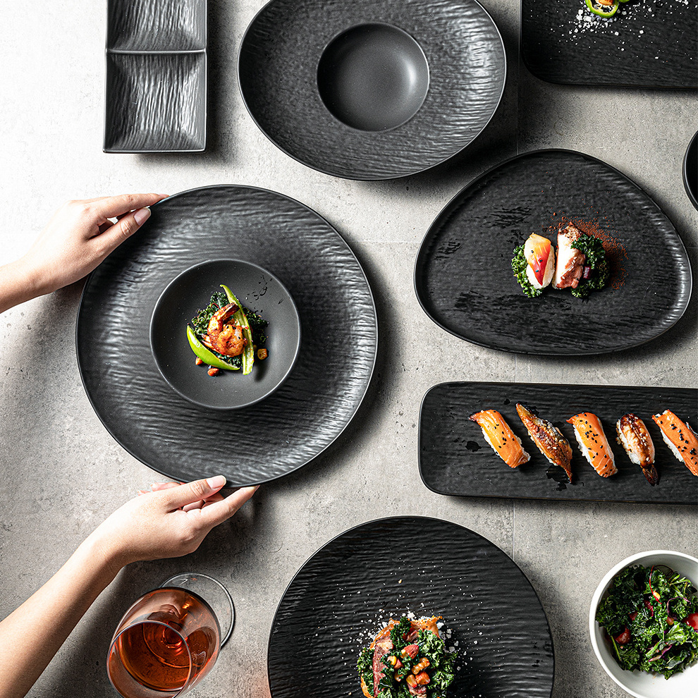 Events HoReCa Restaurant Crockery Black Rock Flat Porcelain Banquet Hall Plates Soup Deep Bowls Sushi Dish Ceramic Dinner Sets