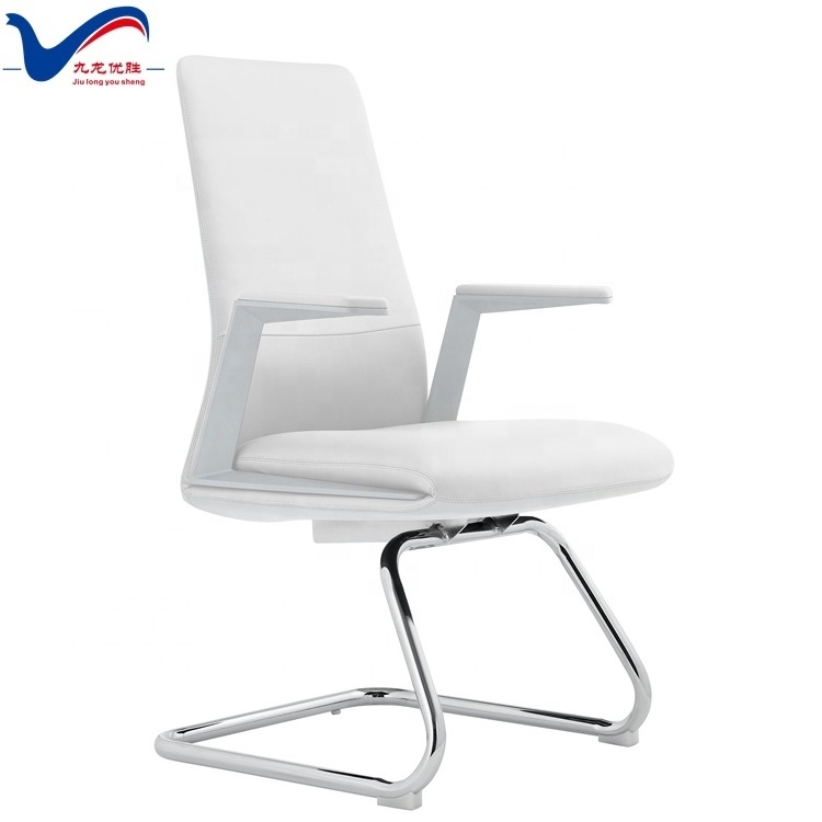 White Leather Client Chair for Meeting Wood Office Chair Conference Room Furnitures Foshan Office Chair