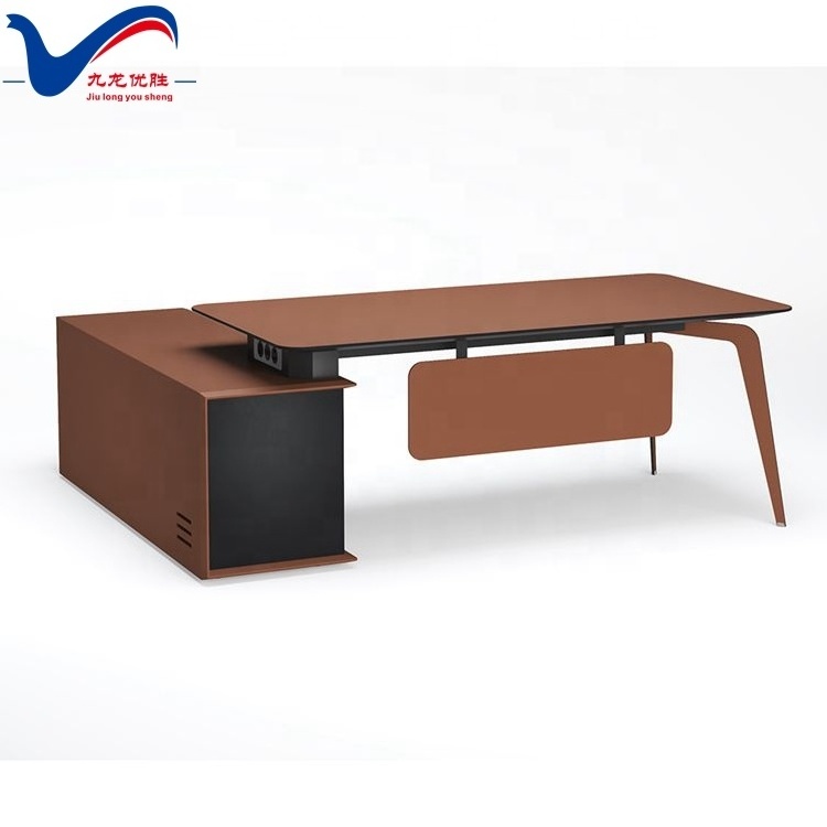 Saddle Leather Office Boss Table with Smart Fingerprint Lock L Shaped Office Desk MDF Office Furniture Executive Working Desk