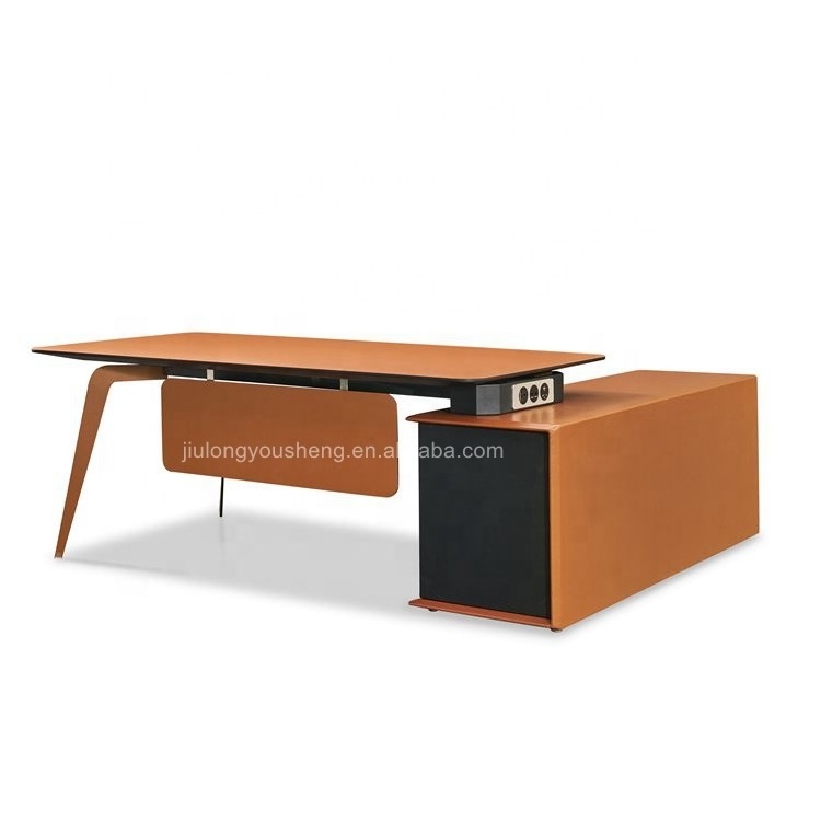 Saddle Leather Office Boss Table with Smart Fingerprint Lock L Shaped Office Desk MDF Office Furniture Executive Working Desk