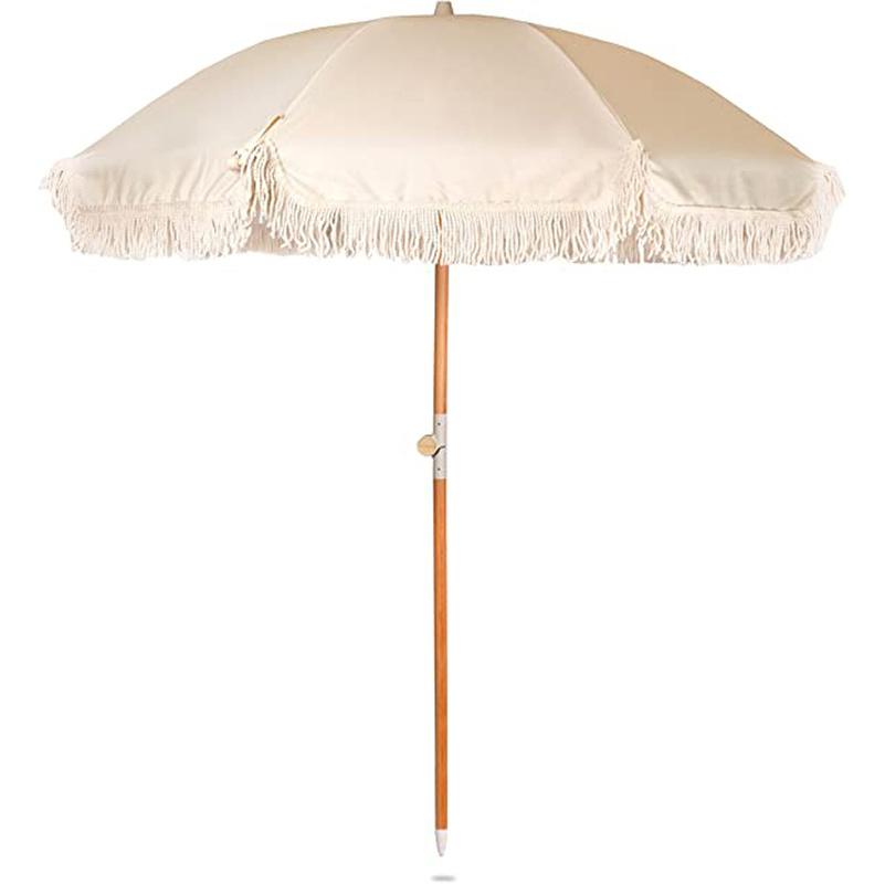 Best Sale Factory Luxury Outdoor Large Yellow Stripes Wooden Pole With Rotation Tassel Beach Umbrella