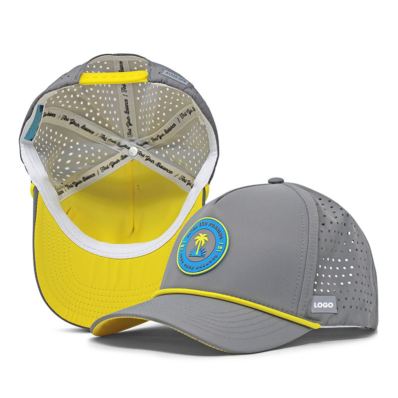 Wholesale Custom Rubber PVC Logo 5 Panel Waterproof Hat Polyester Laser Cut Hole Baseball Cap Melin Perforated Hat With Rope