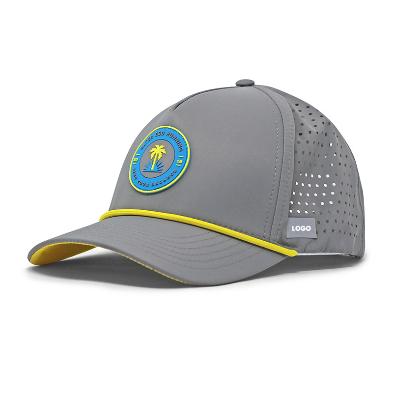 Wholesale Custom Rubber PVC Logo 5 Panel Waterproof Hat Polyester Laser Cut Hole Baseball Cap Melin Perforated Hat With Rope