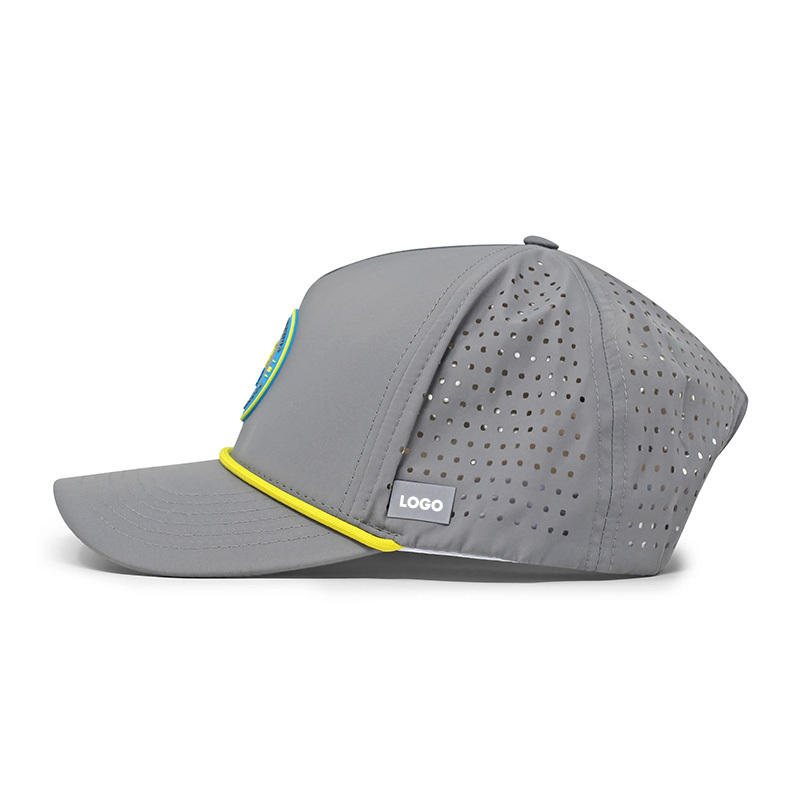 Wholesale Custom Rubber PVC Logo 5 Panel Waterproof Hat Polyester Laser Cut Hole Baseball Cap Melin Perforated Hat With Rope