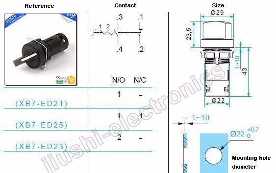 XB7-ED21 two position switch 22mm 2 way rotary selector switch 1NO