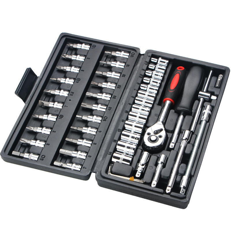 high quality Multifunctional Chrome Vanadium Steel wrench Socket  46pcs Repair Tools set for cars with plastic black box