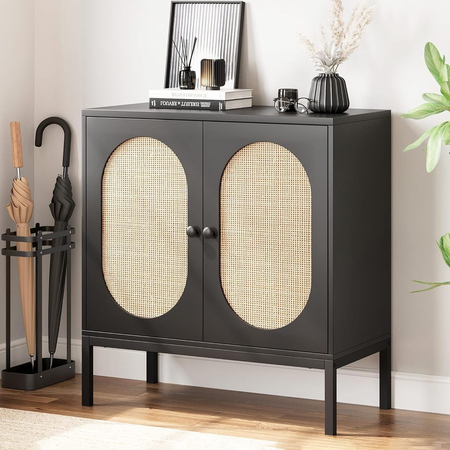 Rattan Storage Cabinet, Wood Accent Cabinet with Door and Shelf Console Cabinet Sideboard Cabinet for Hallway, Entryway