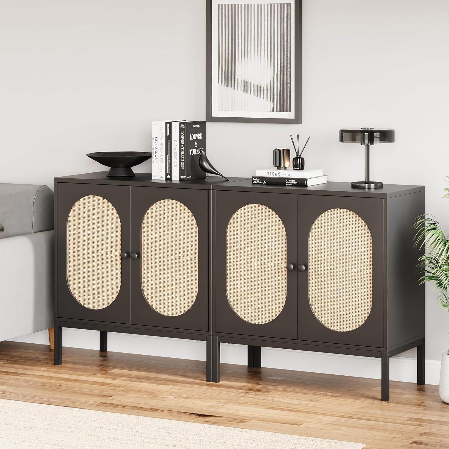 Rattan Storage Cabinet, Wood Accent Cabinet with Door and Shelf Console Cabinet Sideboard Cabinet for Hallway, Entryway