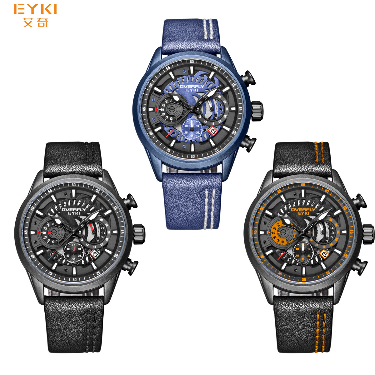 EYKI Erkek Saat Overfly Sport Style Custom Logo Men Wrist Watches Chronograph Watch OEM Three Time Zone Watches For Men