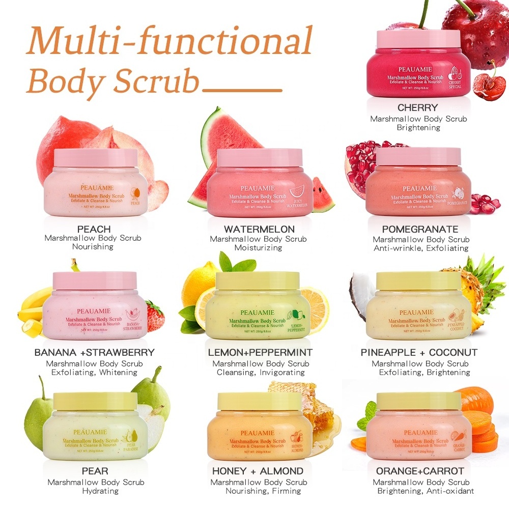 Private Label Natural Watermelon Marshmallow Fruit Sugar Exfoliating Whitening Cotton Candy Body Scrub