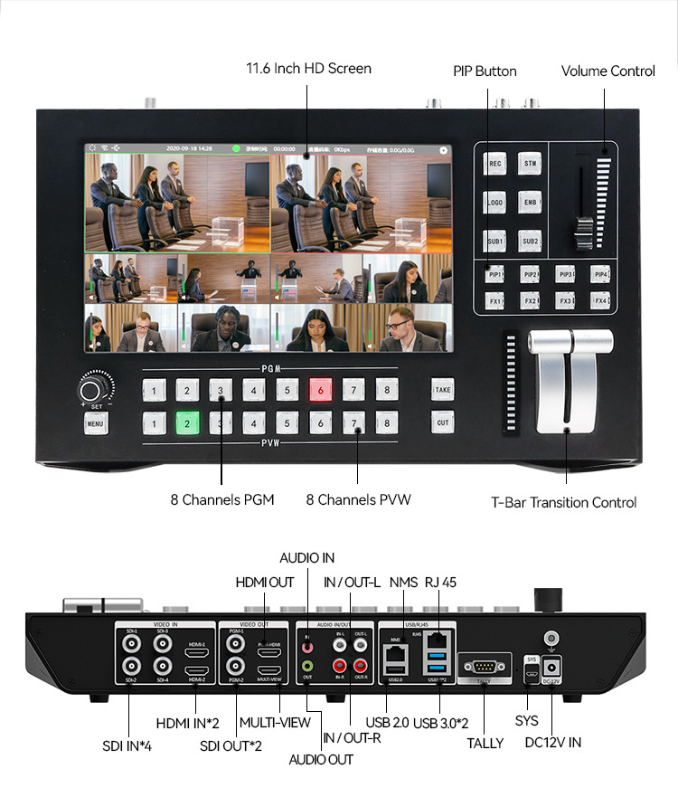 Live Streaming, 11.6 Inch HD screen Broadcast hdmi portable 8 channel video switcher obs hd video seamless switcher