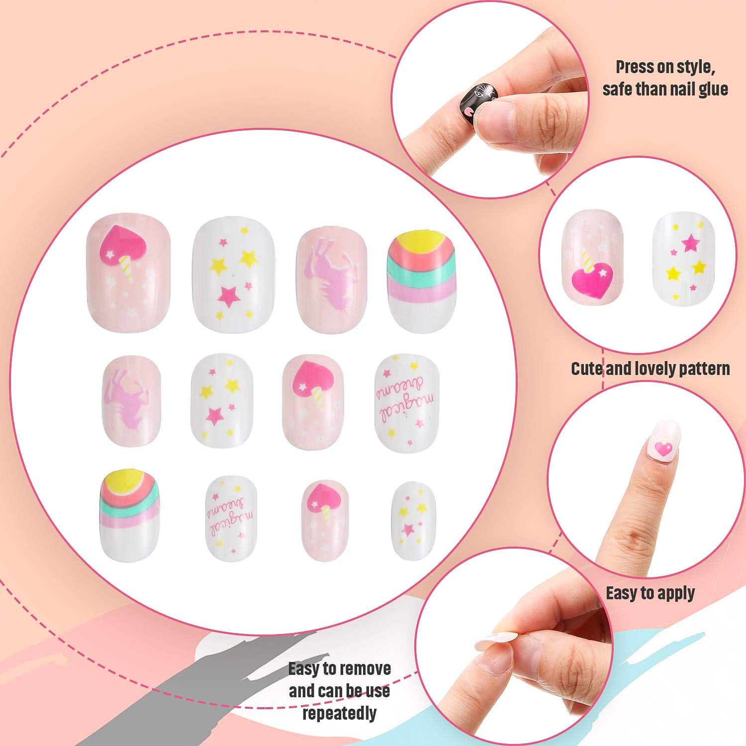 24 Pieces Children False Nails Kids Girls Press on Short Artificial Fake Nails Cute Pre Glue Full Cover Acrylic Nail Tip Kit