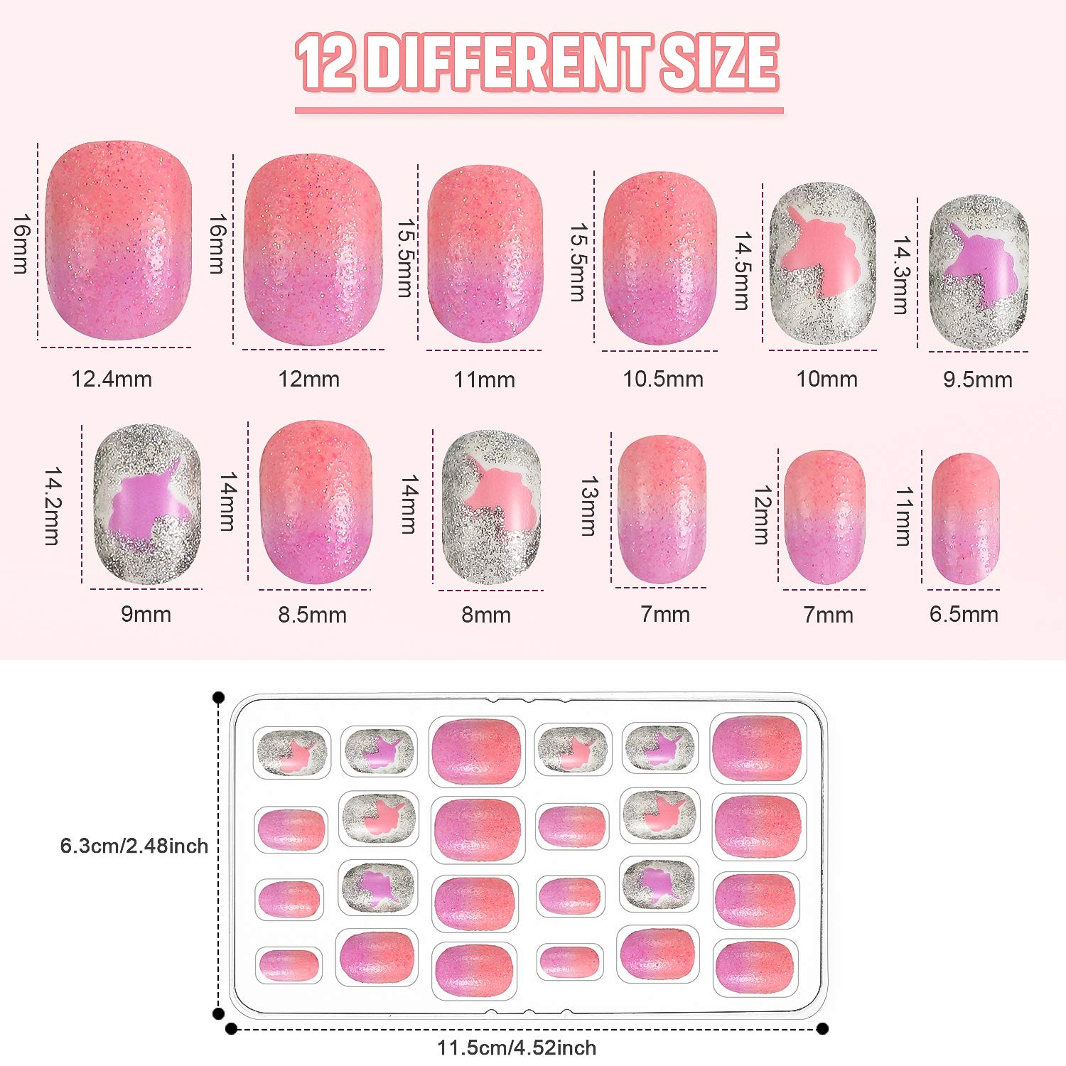 24 Pieces Children False Nails Kids Girls Press on Short Artificial Fake Nails Cute Pre Glue Full Cover Acrylic Nail Tip Kit