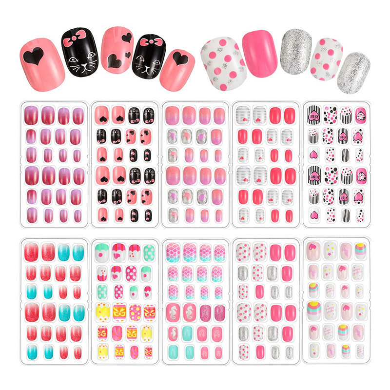 24 Pieces Children False Nails Kids Girls Press on Short Artificial Fake Nails Cute Pre Glue Full Cover Acrylic Nail Tip Kit