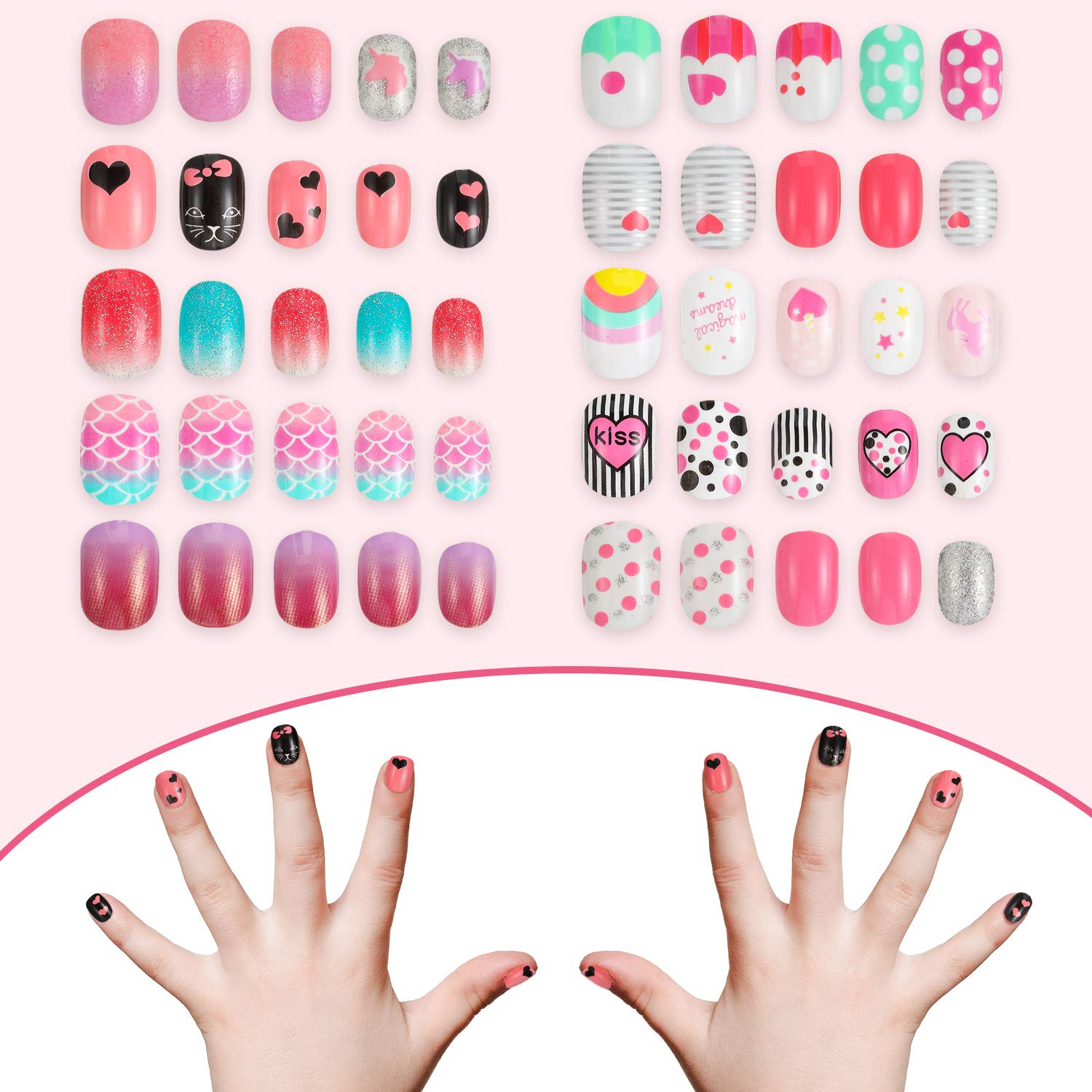 Wholesale Factory Fake Nails For Kids Colorful Rainbow Cute Children Press On Nails With Glue False Nail Artificial