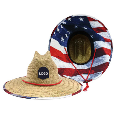 Custom Personalized Hand Woven Summer Wide Brim Surf Beach Hat American Flag Logo Large Brim Lifeguard Hollow Straw Hat For Men