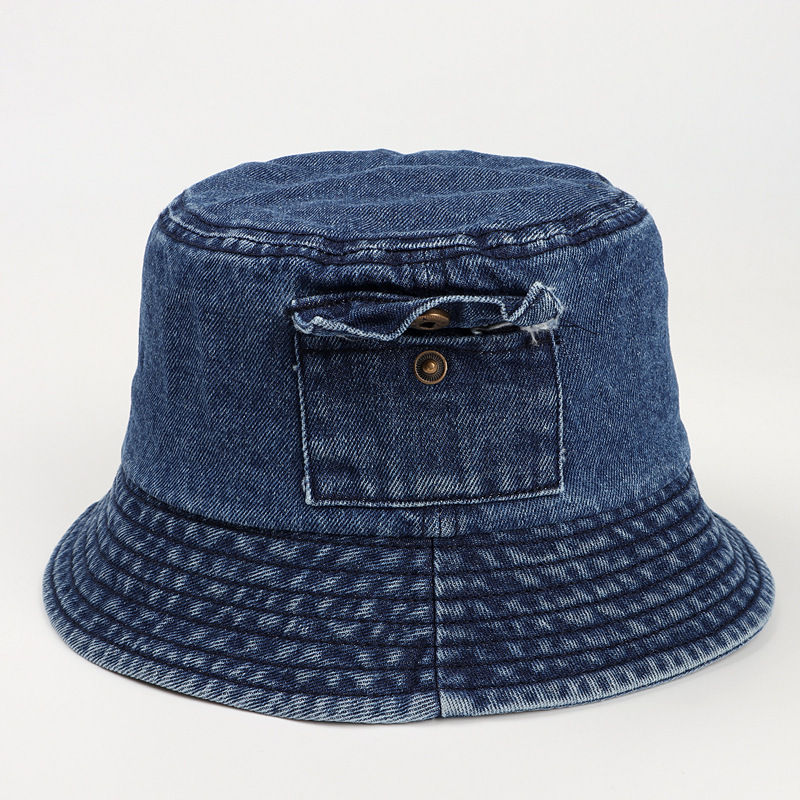 Custom Embroidered Logo Retro Beach Denim Hat Cheap Wholesale Collapsible Blank Pocket Distressed Jeans Acid Washed Bucket Hat