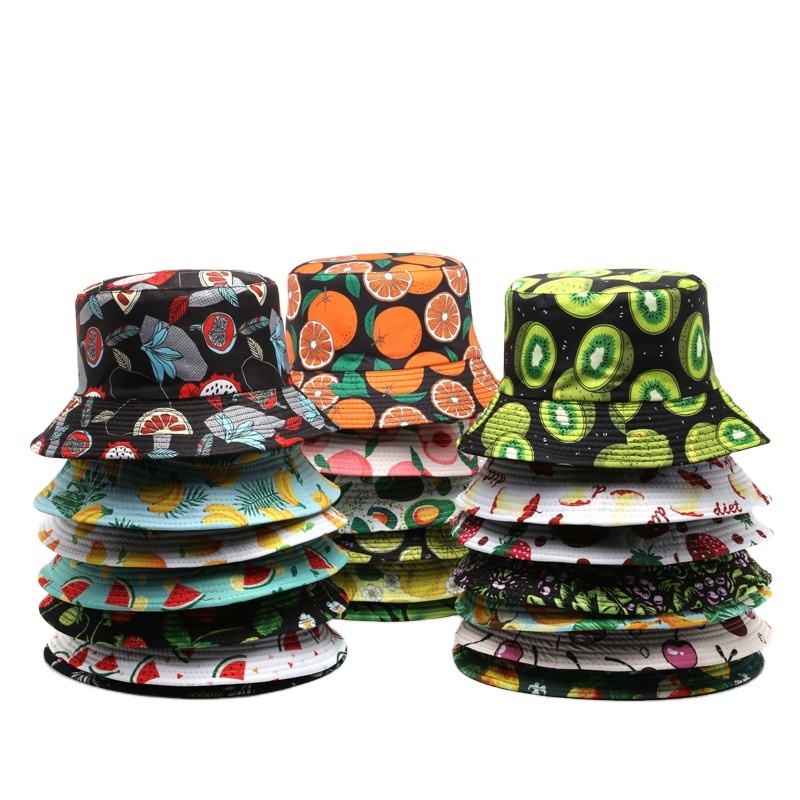 Wholesale Custom All Over Print Fruit Pattern Bucket Cap Double-Sided Summer Pineapple Fisherman Reversible Sun Bucket Hat