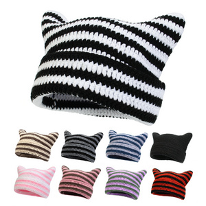 Crochet Hats For Women Cat Beanie Vintage Y2k Beanies Women Fox Hat Striped Knitted Devil Horn Cap Slouchy Beanies For Women