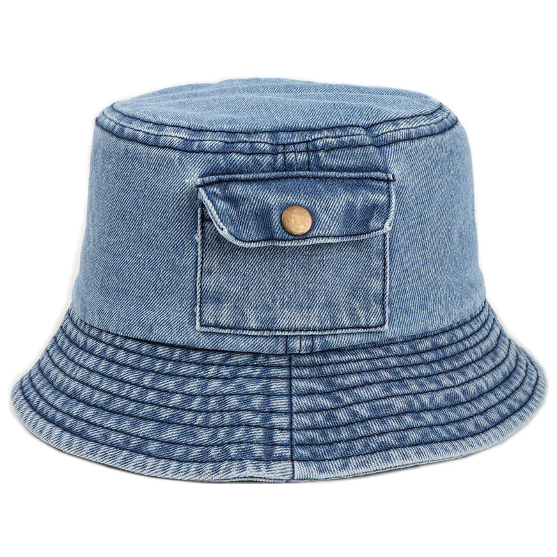 Custom Embroidered Logo Retro Beach Denim Hat Cheap Wholesale Collapsible Blank Pocket Distressed Jeans Acid Washed Bucket Hat