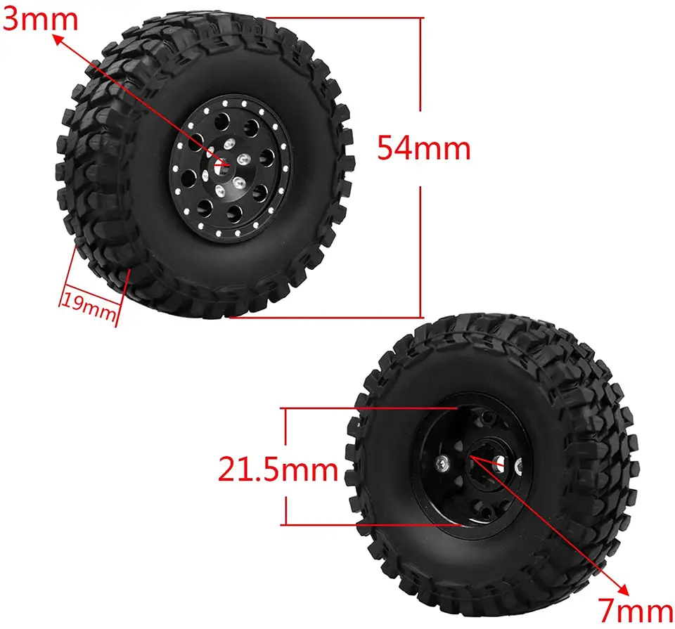 4pcs 1.0 Beadlock Wheel Rim Tire w/ Extended 4mm Hex Wheel Hub for 1/24 SCX24 RC Wheels and Tires for Axial scx24 90081 Deadbolt