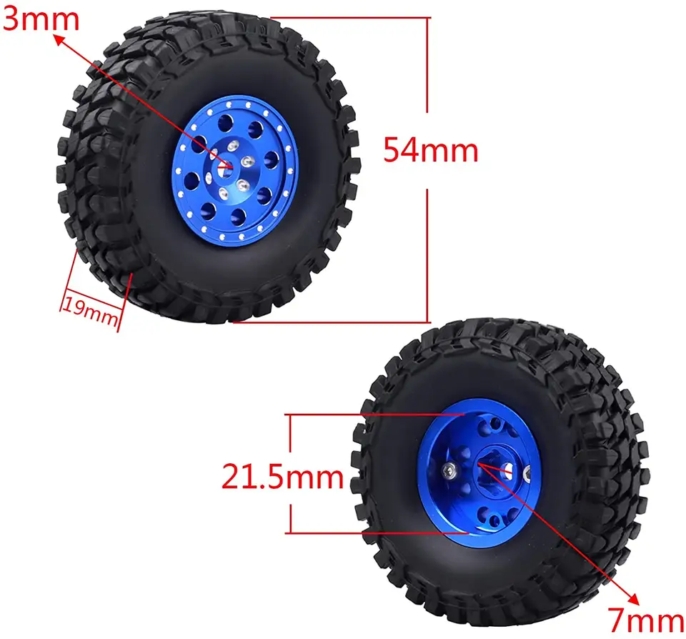 4pcs 1.0 Beadlock Wheel Rim Tire w/ Extended 4mm Hex Wheel Hub for 1/24 SCX24 RC Wheels and Tires for Axial scx24 90081 Deadbolt