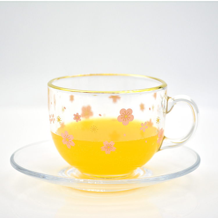 Colored glass cup sakura decals with gold outline rim and bamboo lid and cherry blossom spoon for Coffee oat milk mugs