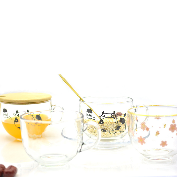 Colored glass cup sakura decals with gold outline rim and bamboo lid and cherry blossom spoon for Coffee oat milk mugs