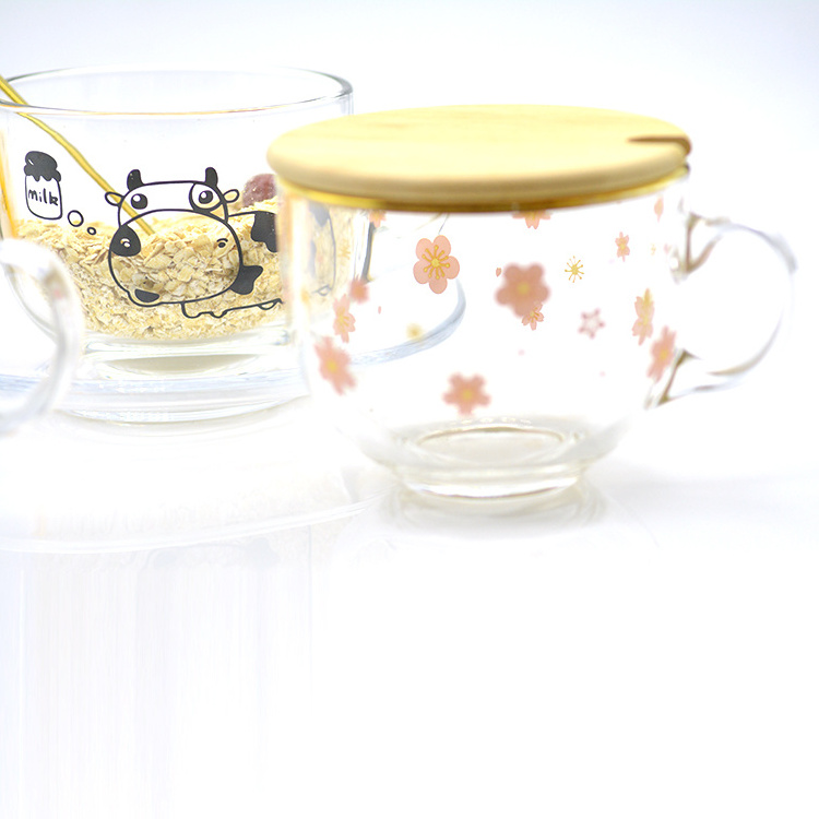 Colored glass cup sakura decals with gold outline rim and bamboo lid and cherry blossom spoon for Coffee oat milk mugs