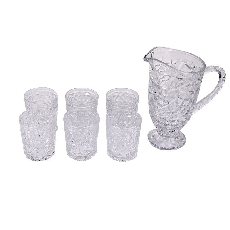 Hight quality glass water pitcher set for juice and cold drink and handle tall jugs for drinking tea water jug with 6 tumbler