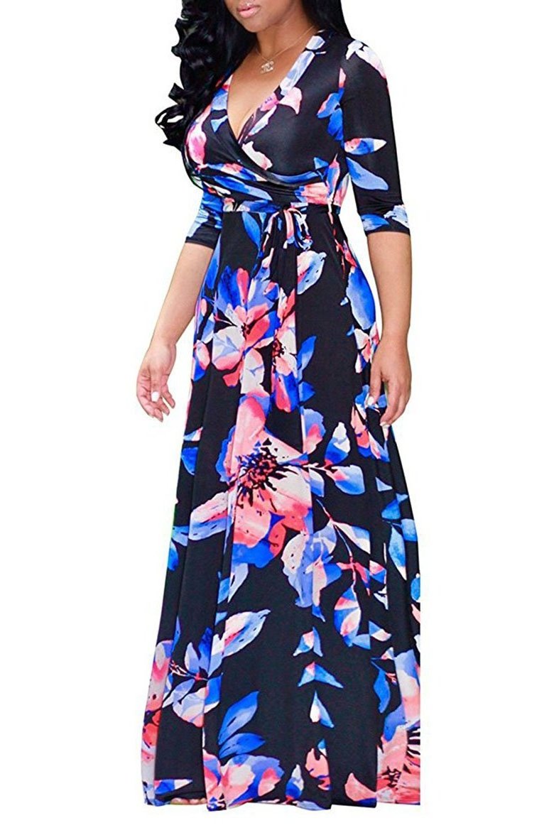 Women's Sexy V Neck 3/4 Sleeve Kaftan Dresses African Turkey Women Clothing Ditsy Floral Printed Party Loose Long Maxi Dress