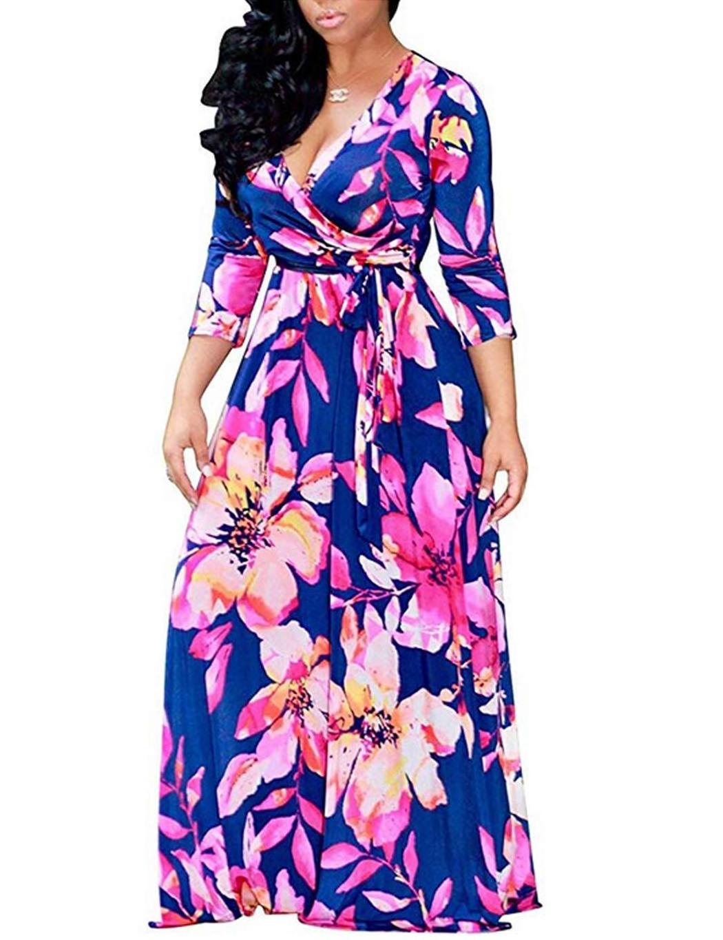 Women's Sexy V Neck 3/4 Sleeve Kaftan Dresses African Turkey Women Clothing Ditsy Floral Printed Party Loose Long Maxi Dress