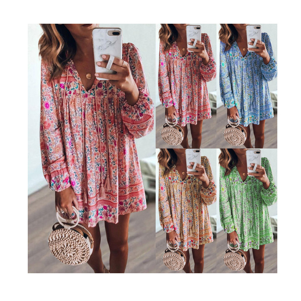 American Clothing Wholesale Vestido Women Vintage Floral Print V Neck Ruffle Mini Bohemian Boho Dress