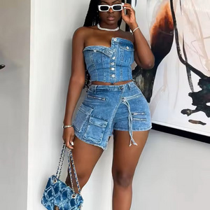 2024 New Style Jeans Shorts Two Piece Outfits Top with Cargo Mini Skirts Casual Sexy 2 Piece Denim Set Women Jeans 2 Piece Set