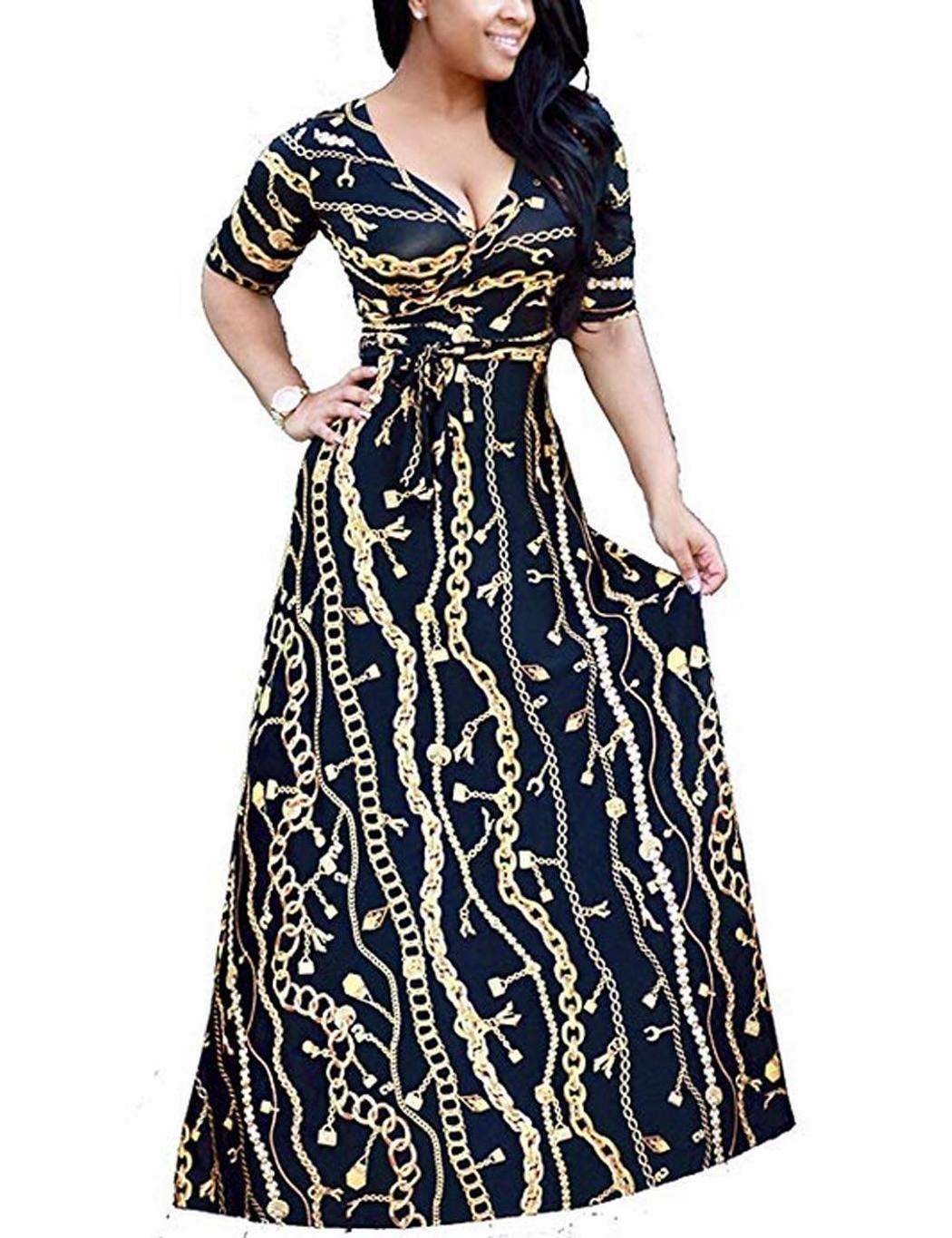 Women's Sexy V Neck 3/4 Sleeve Kaftan Dresses African Turkey Women Clothing Ditsy Floral Printed Party Loose Long Maxi Dress