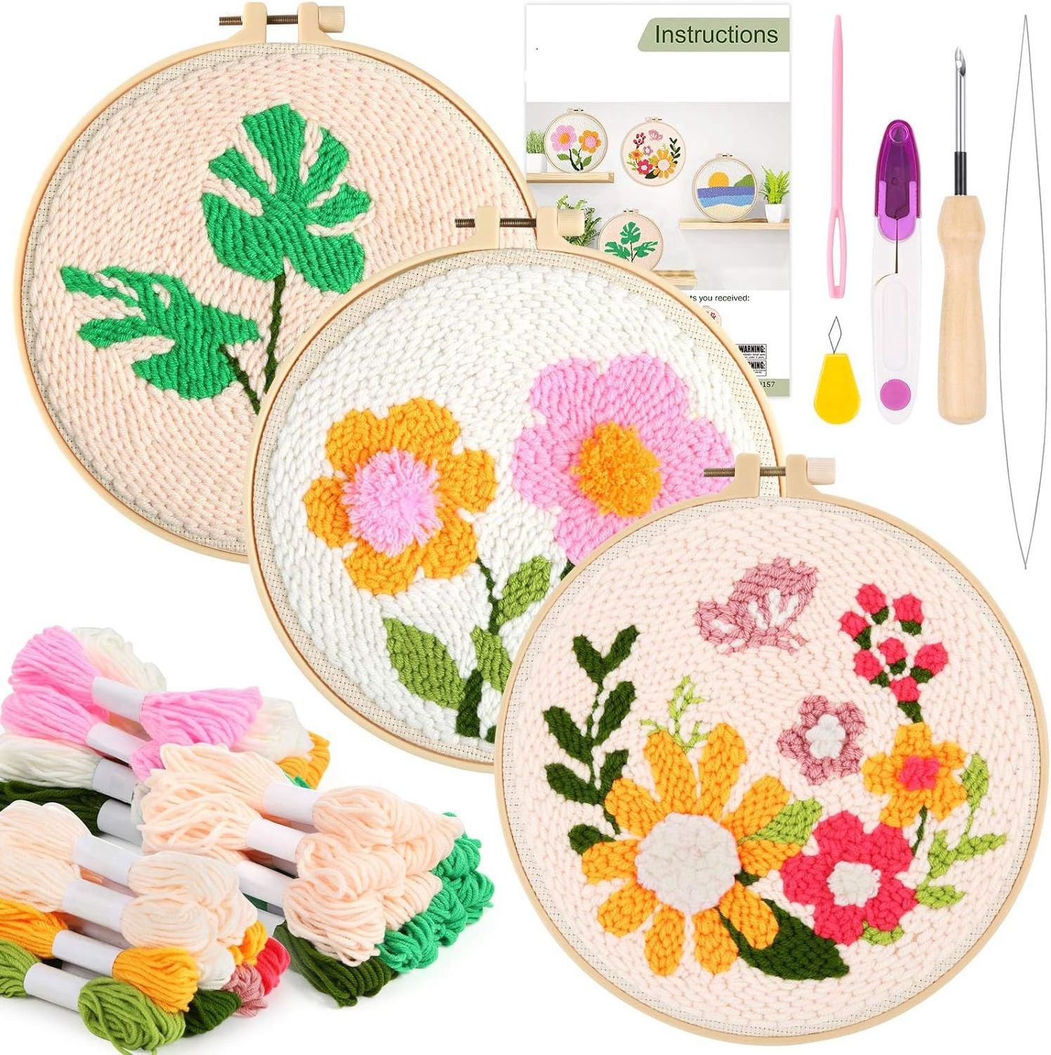 Hand Make DIY Embroidery Pattern Punch Needle Kit for Beginner Hoop Needle Threader Full Set