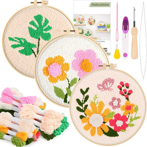 Hand Make DIY Embroidery Pattern Punch Needle Kit for Beginner Hoop Needle Threader Full Set